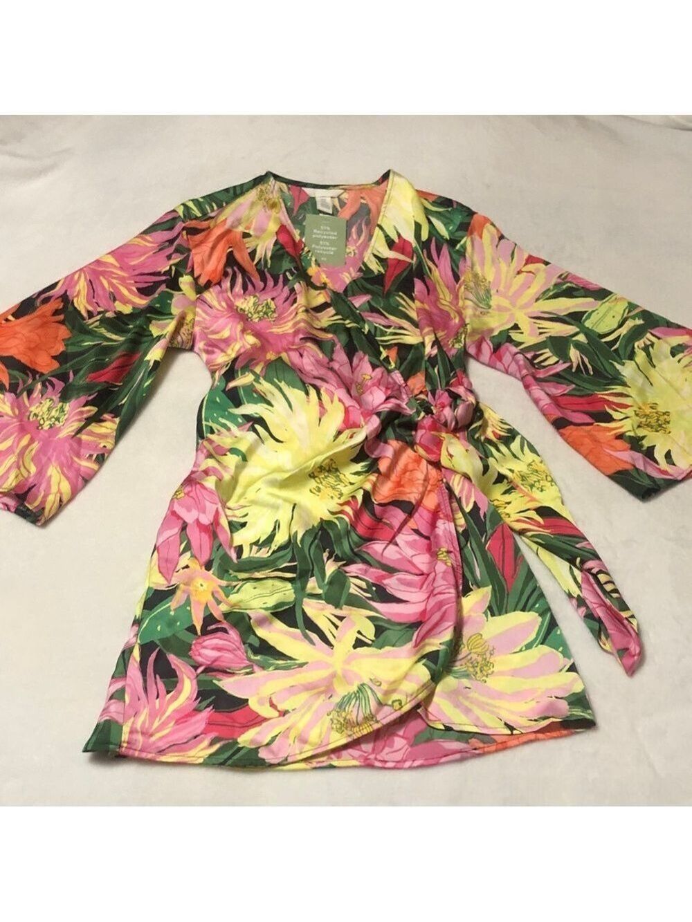 H&M Pink, Yellow & Green Tropical Wrap Mini Dress XS - Picture 6 of 6